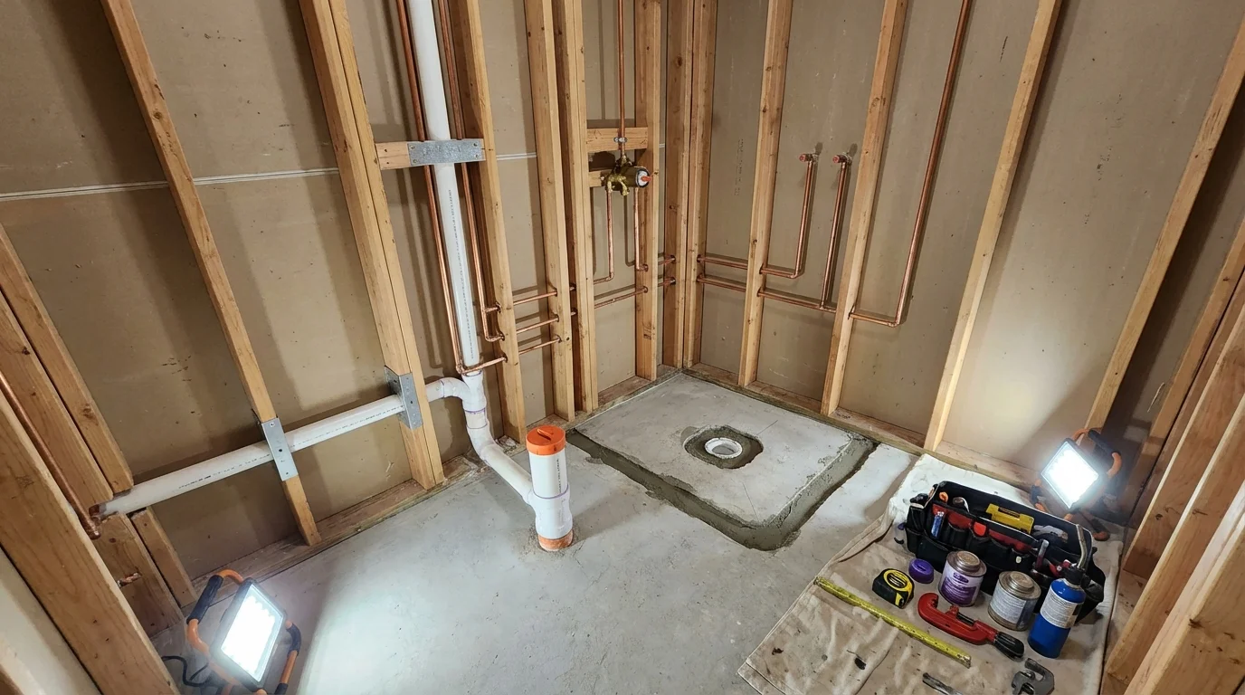 Bathroom rough-in plumbing during remodel by Johns Plumbing LLC in Frankfort