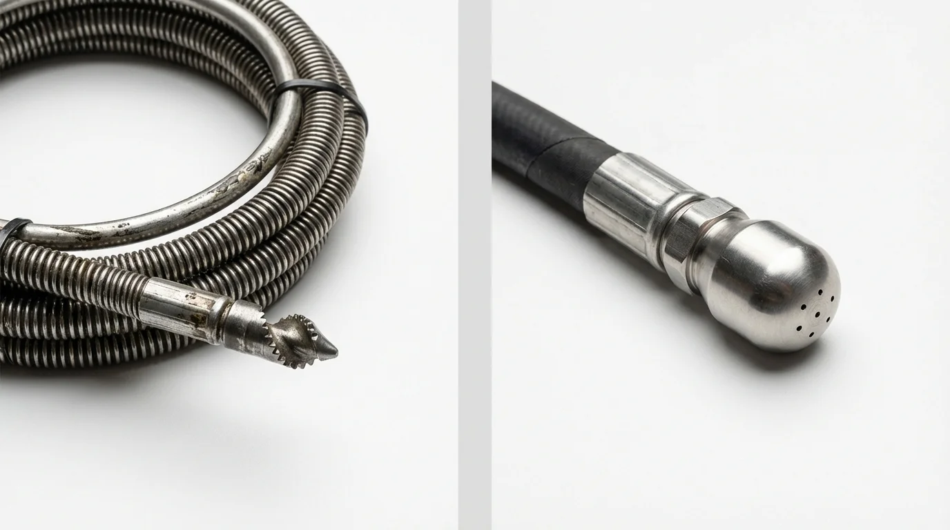 Drain snake cable and hydro jetting nozzle used for drain cleaning in Frankfort, IN