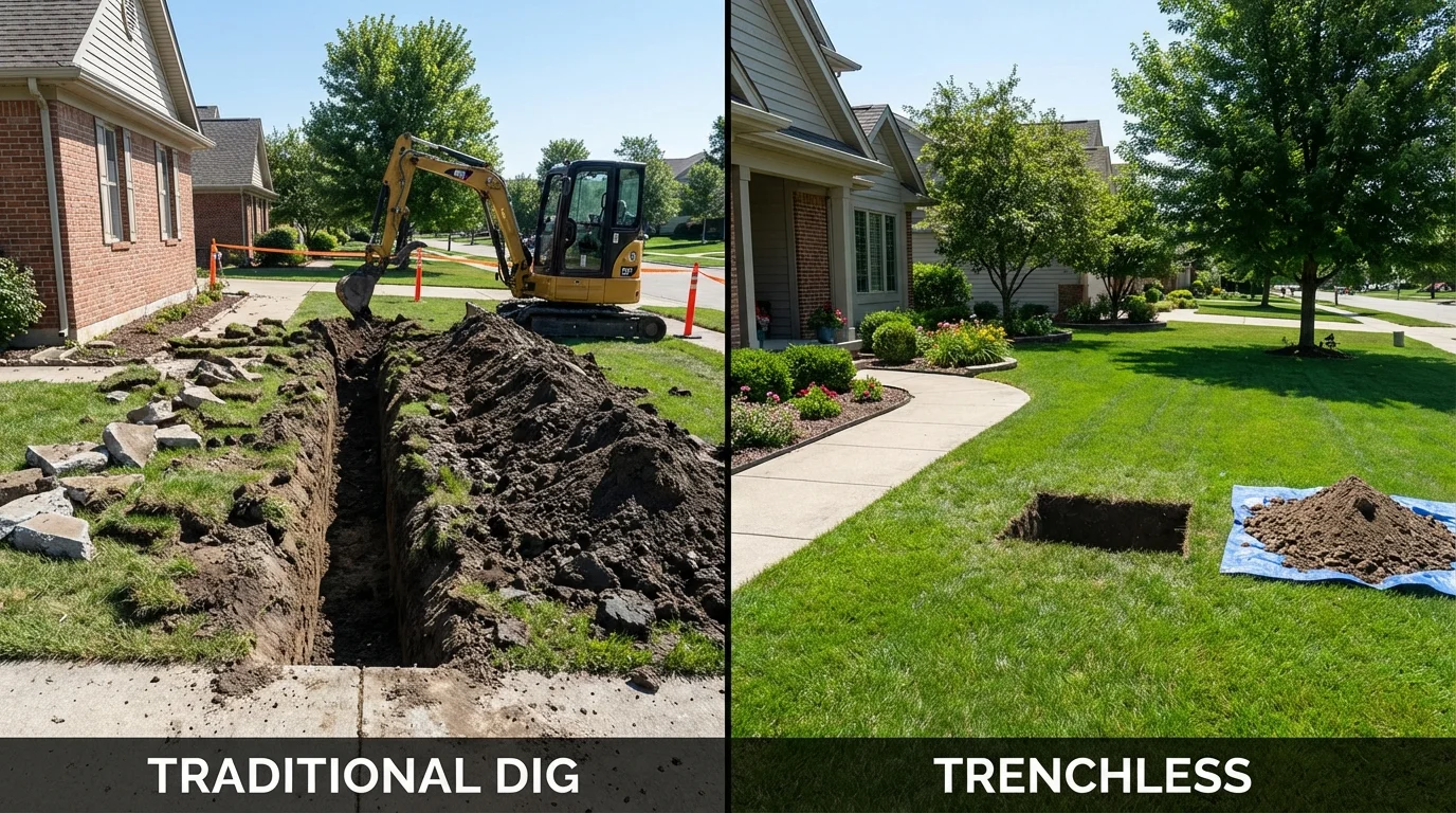 Trenchless sewer repair with minimal yard damage versus traditional excavation in Frankfort, IN