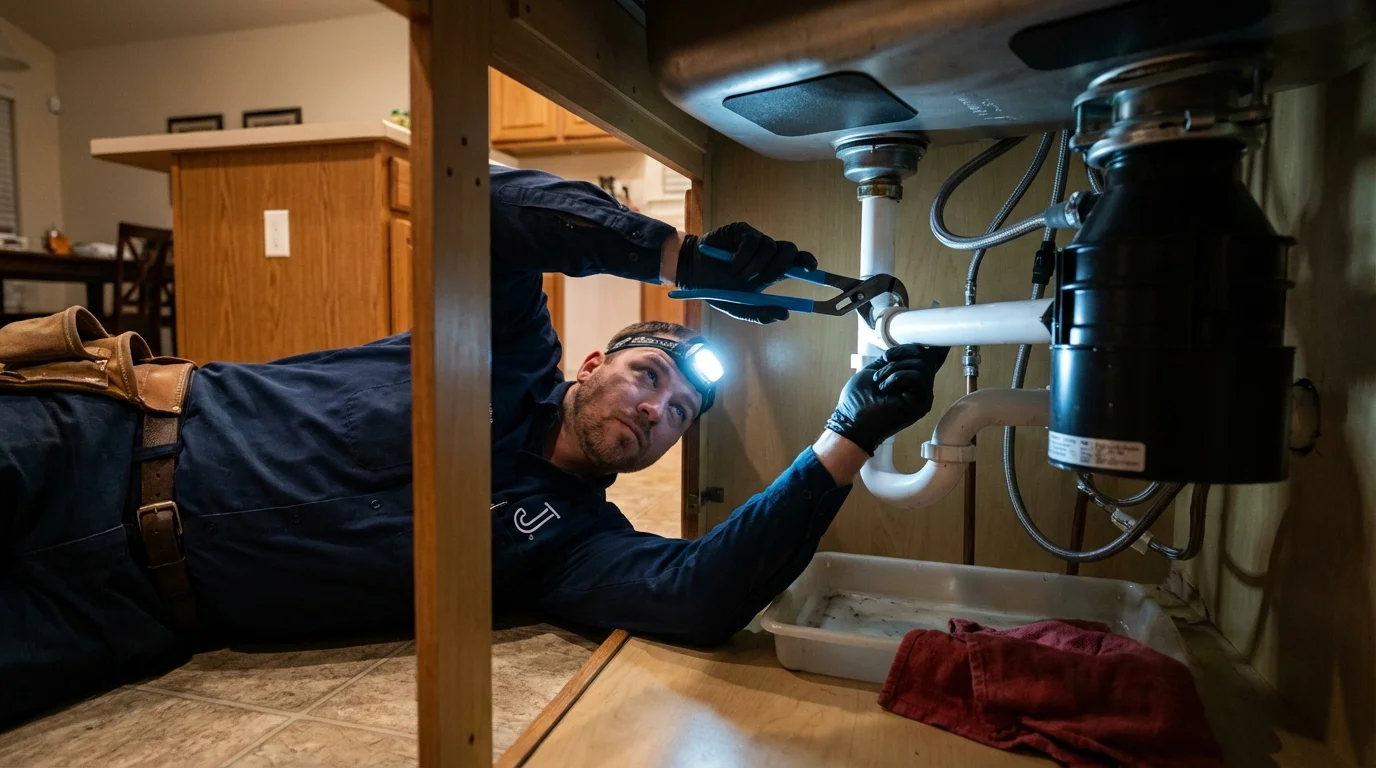 P-trap and supply line connections under a kitchen sink showing a common leak point in Frankfort, IN